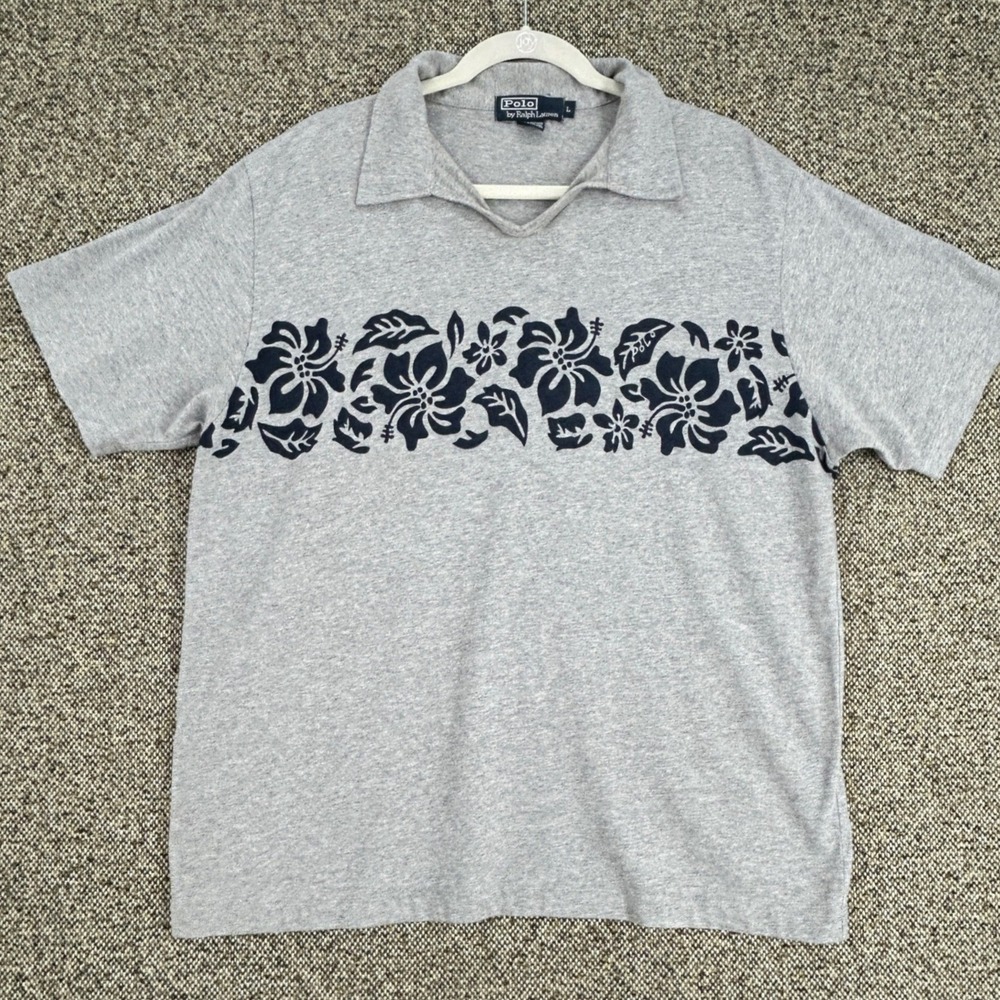 Vintage Polo Ralph Lauren 90s Floral Hibiscus Band Polo Shirt Gray Large